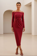 Off-the-Shoulder Twist Front Long Sleeve Midi Dress