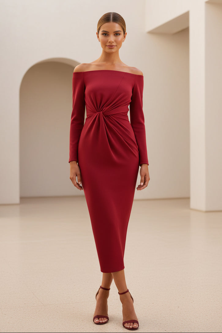 Off-the-Shoulder Twist Front Long Sleeve Midi Dress