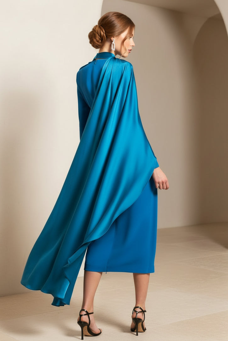 High-Neck Midi Dress with Asymmetric Cape