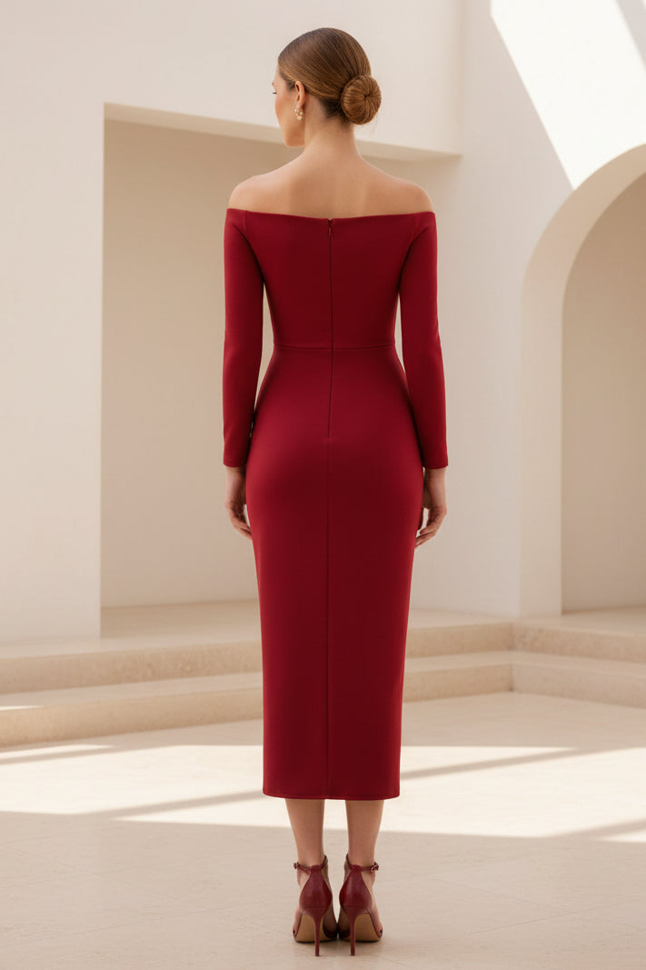 Off-the-Shoulder Twist Front Long Sleeve Midi Dress