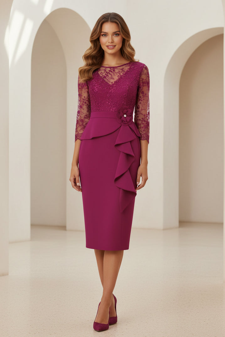 Elegant Illusion Lace Midi Dress with Peplum Detail