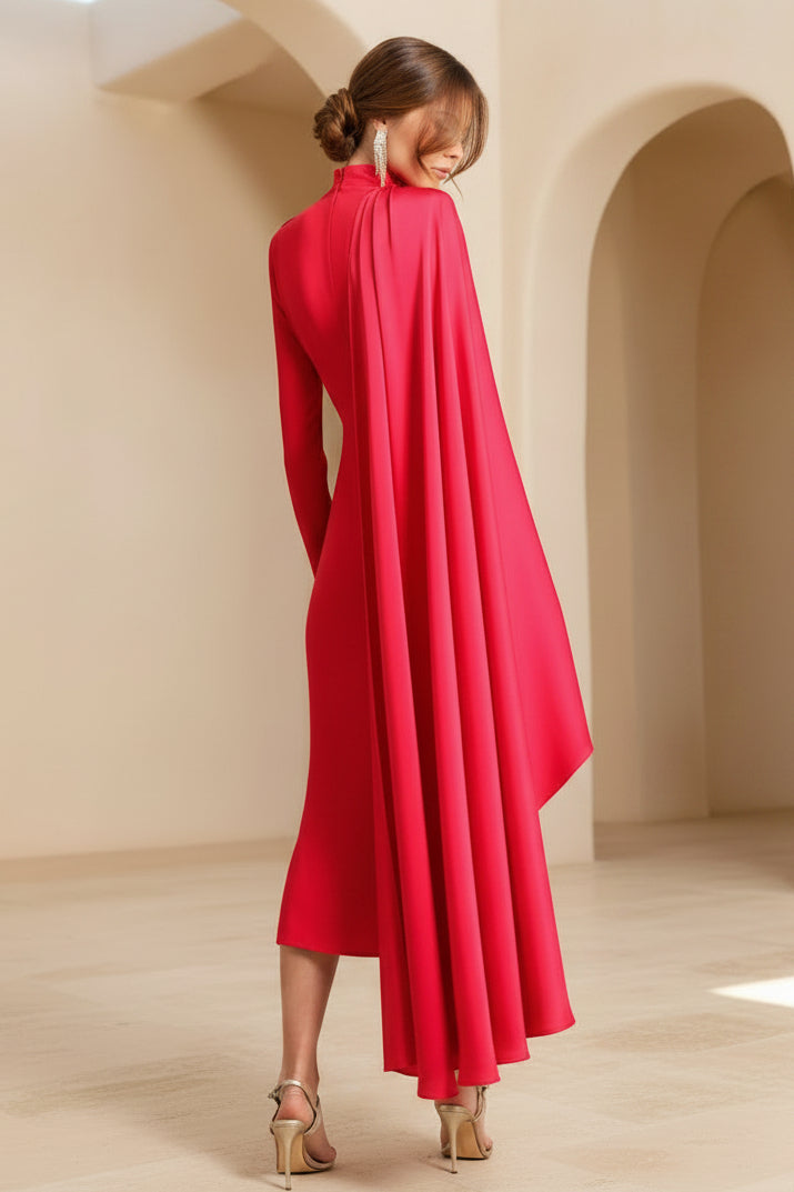 High-Neck Midi Dress with Asymmetric Cape