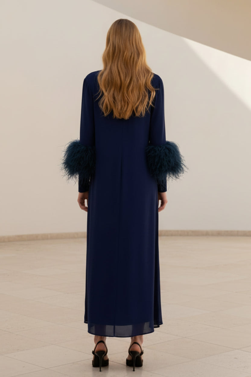 High Neck Midi Dress with Feather Trim Sleeves