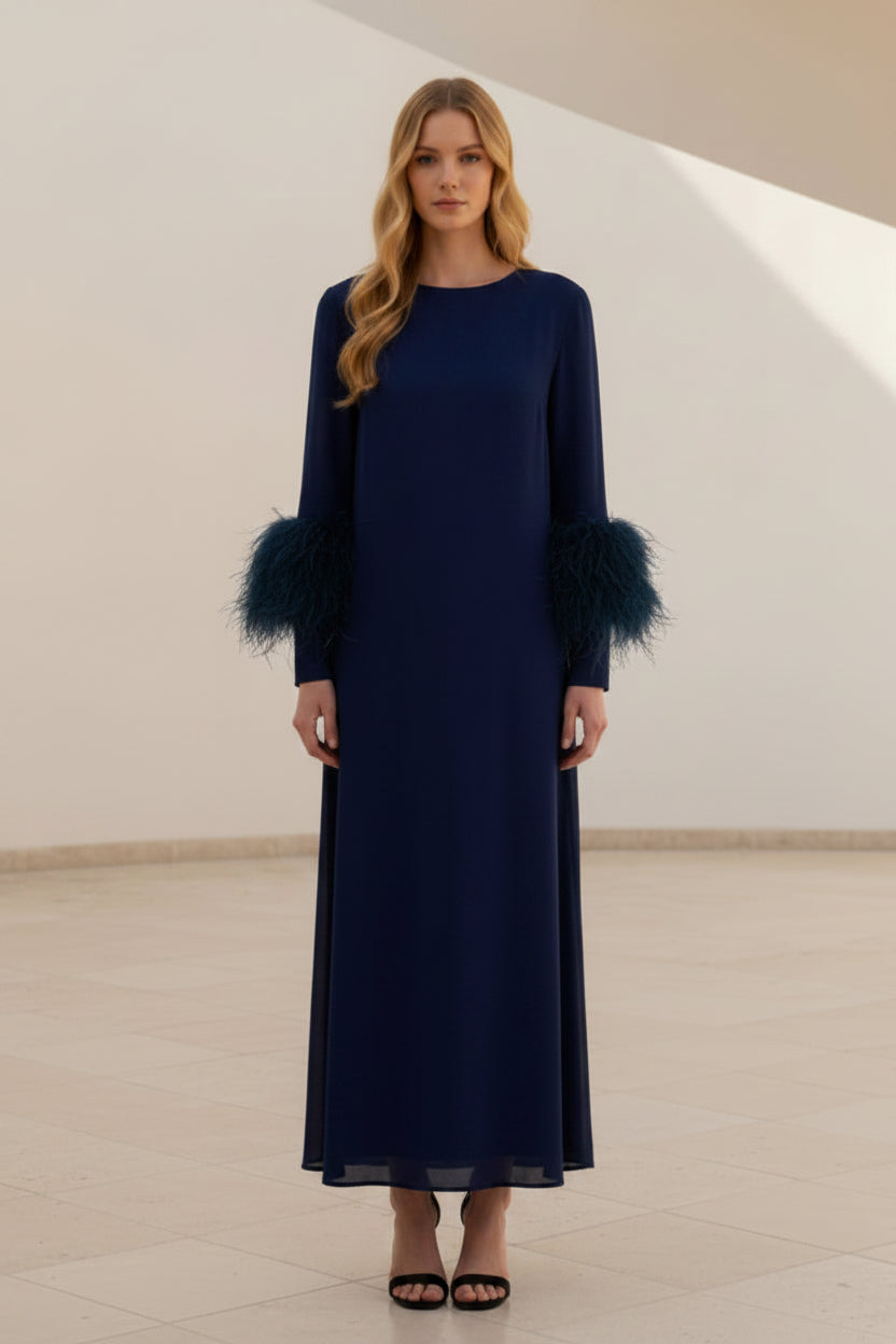 High Neck Midi Dress with Feather Trim Sleeves