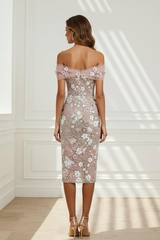 Off-Shoulder Floral Embroidered Midi Dress