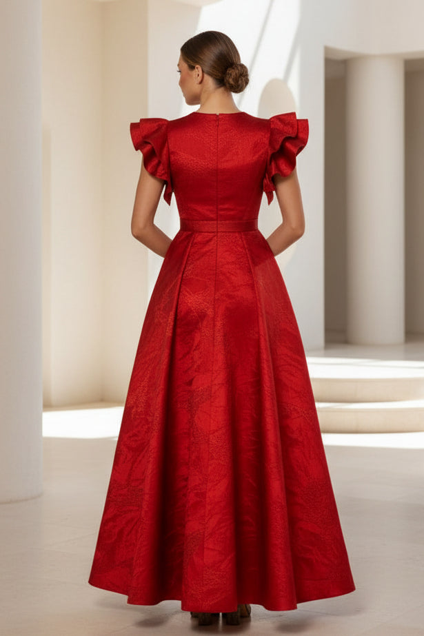 Jacquard A-Line Evening Gown with Ruffle Sleeves