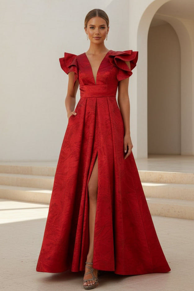 Jacquard A-Line Evening Gown with Ruffle Sleeves