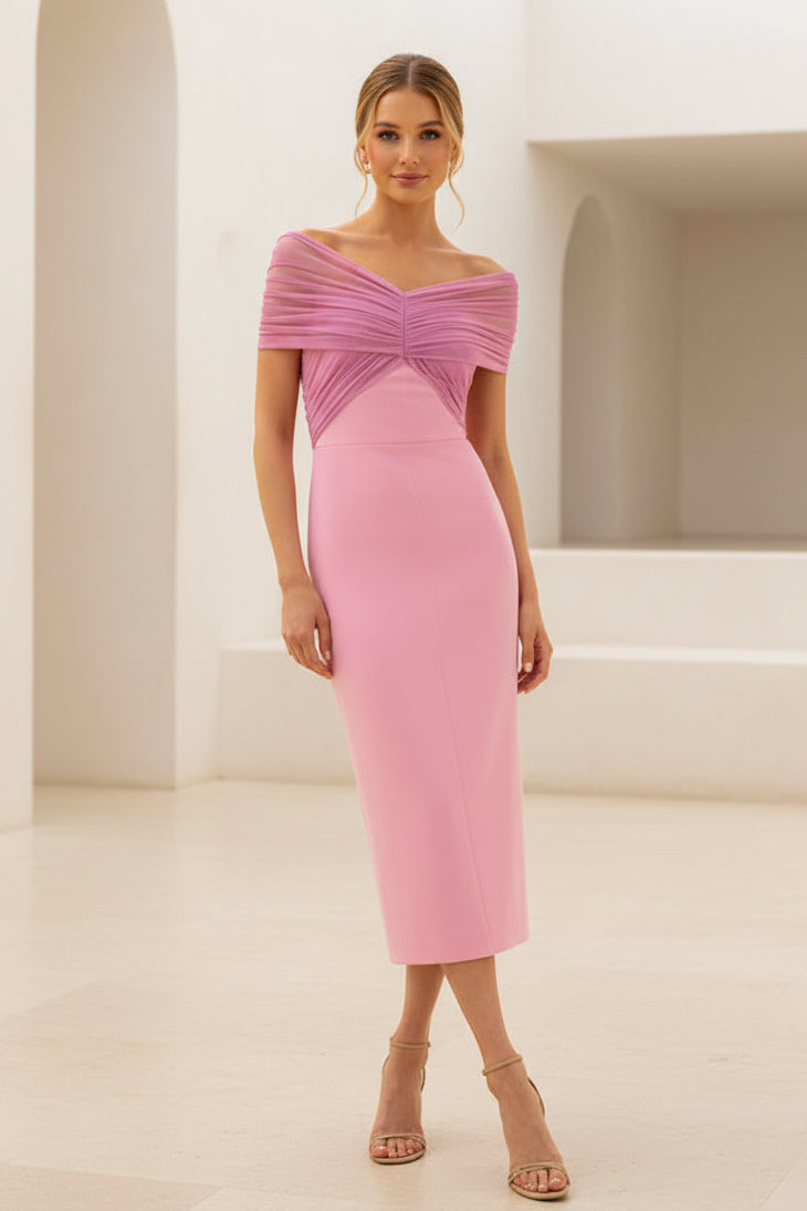 Off-the-Shoulder Ruched Mesh Midi Dress