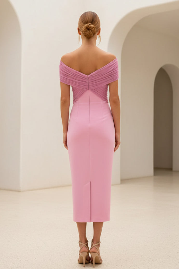 Off-the-Shoulder Ruched Mesh Midi Dress