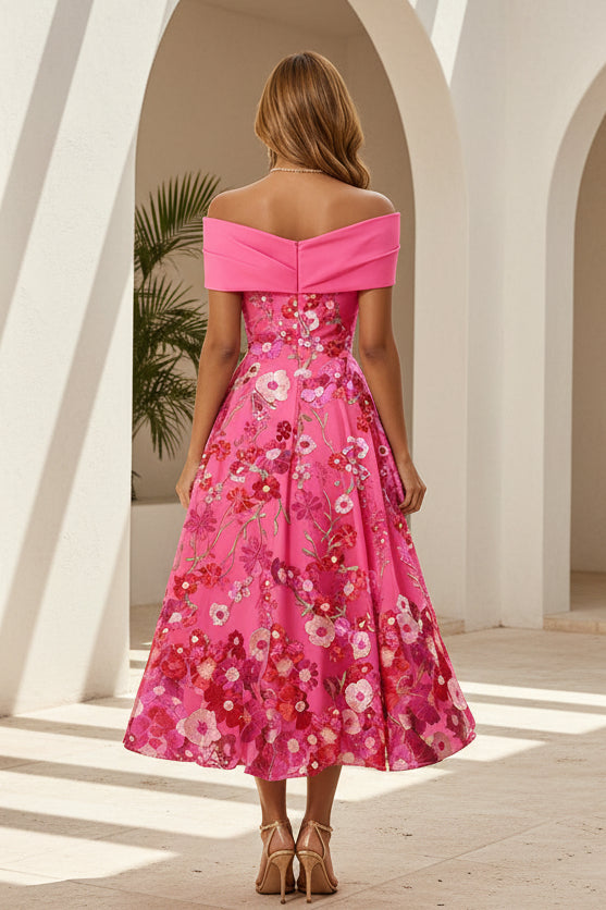 Off-Shoulder Floral Tea-Length Dress