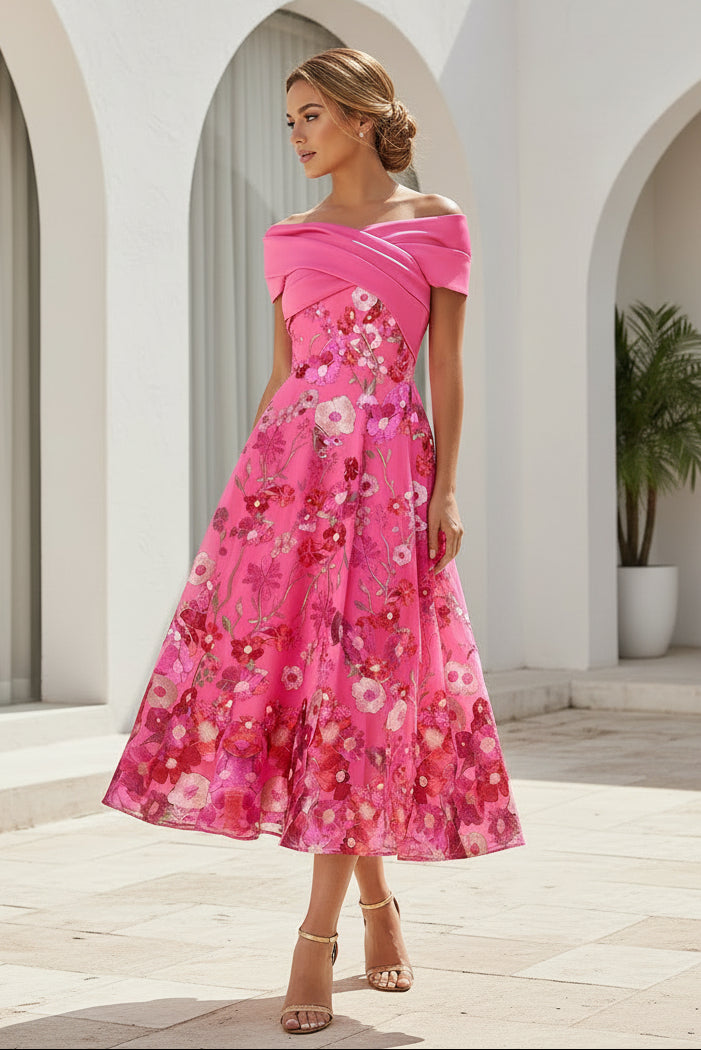 Off-Shoulder Floral Tea-Length Dress