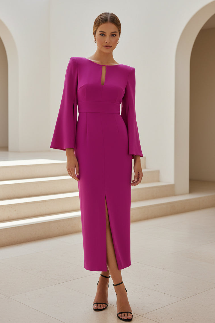 Keyhole Sheath Midi Dress with Split Bell Sleeves