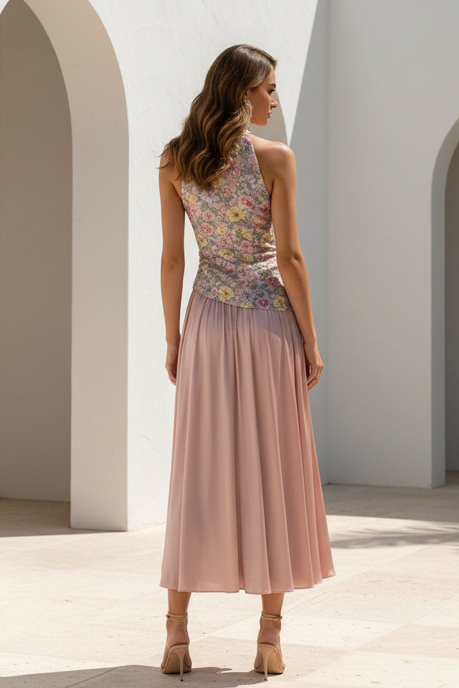Floral Halter Satin Midi Dress