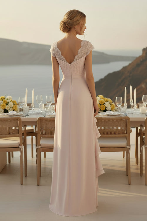 A-Line Chiffon Evening Dress with Lace Cap Sleeves