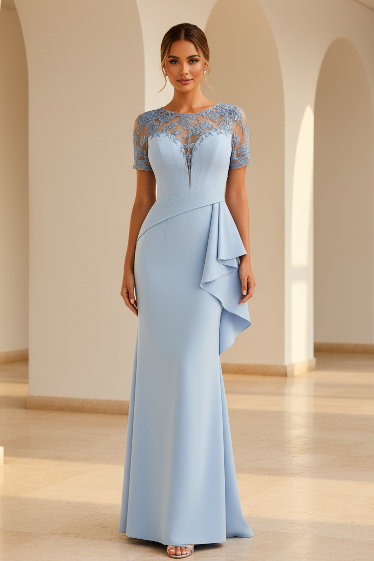 Illusion Lace Mermaid Evening Gown with Side Ruffle