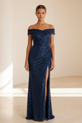 Off-the-Shoulder Ruched Sequined Evening Gown