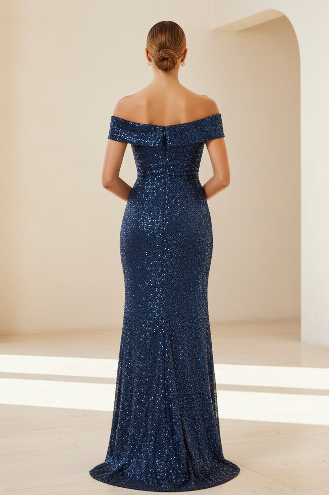 Off-the-Shoulder Ruched Sequined Evening Gown