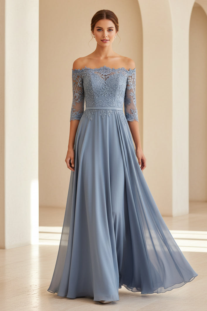 Off-the-Shoulder Lace Chiffon Evening Gown