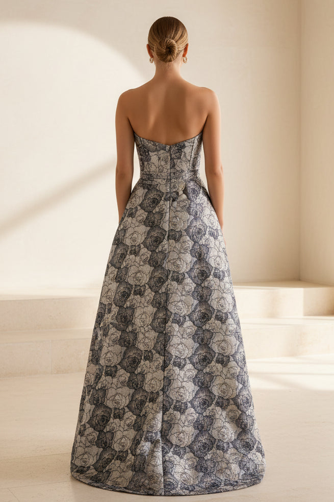 Strapless Floral Jacquard High-Low Gown