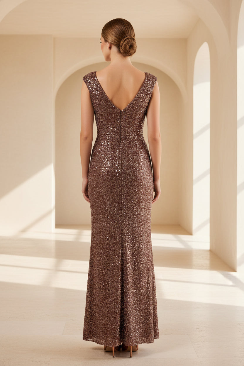 Floral Sequin Velvet V-Neck Evening Gown