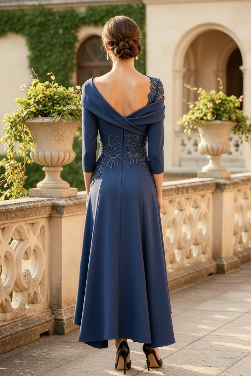 Asymmetrical Off Shoulder 3/4 Sleeve A-Line Dress