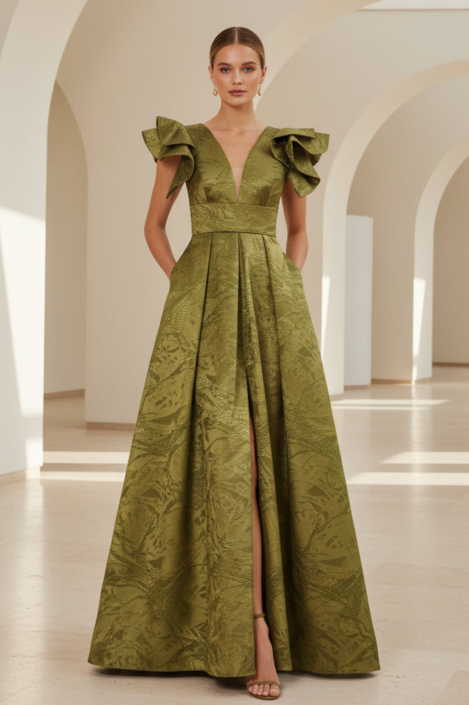 Jacquard A-Line Evening Gown with Ruffle Sleeves