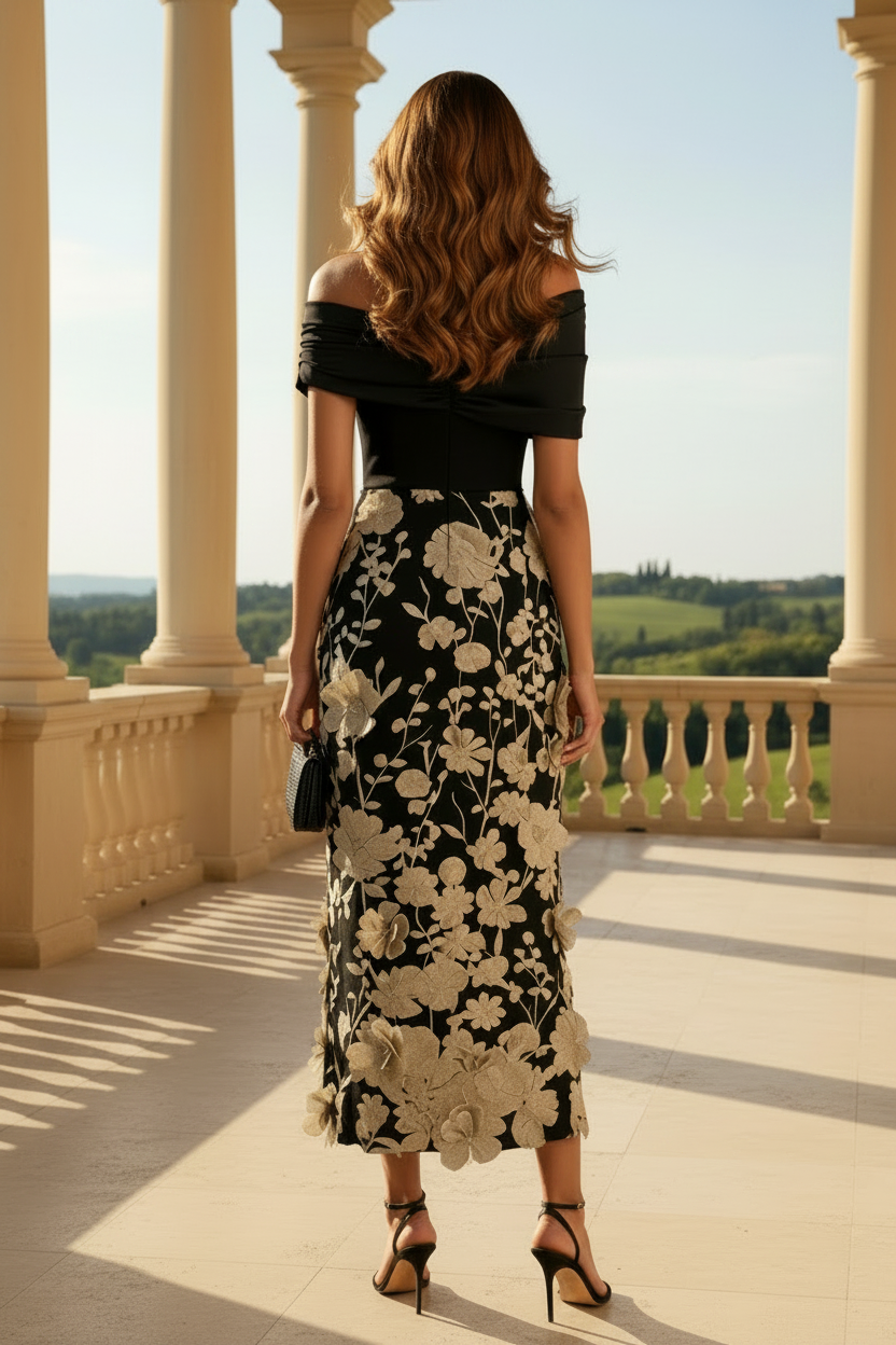 Off-the-Shoulder Floral Applique Midi Dress