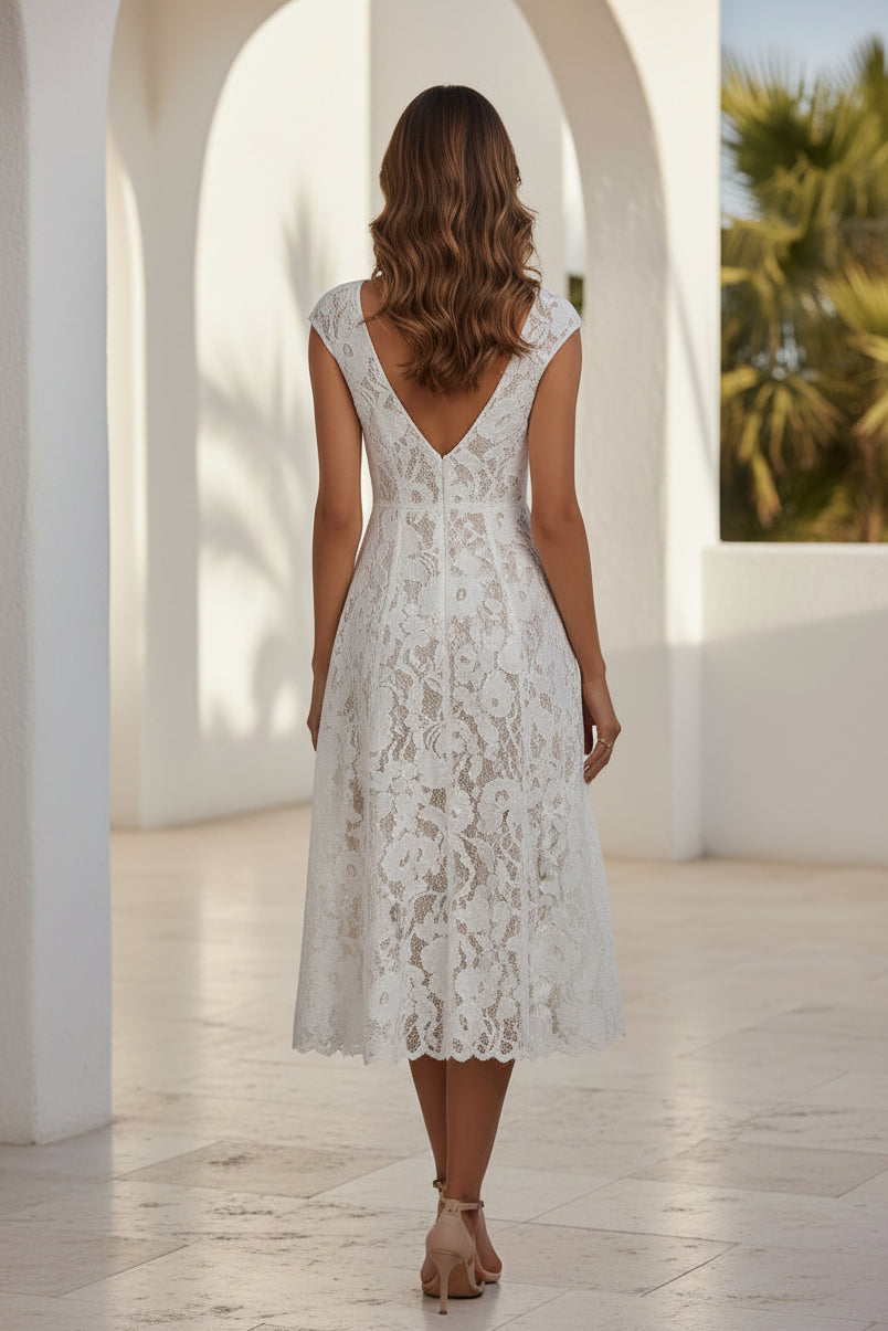 Cap Sleeve Lace A-Line Midi Dress