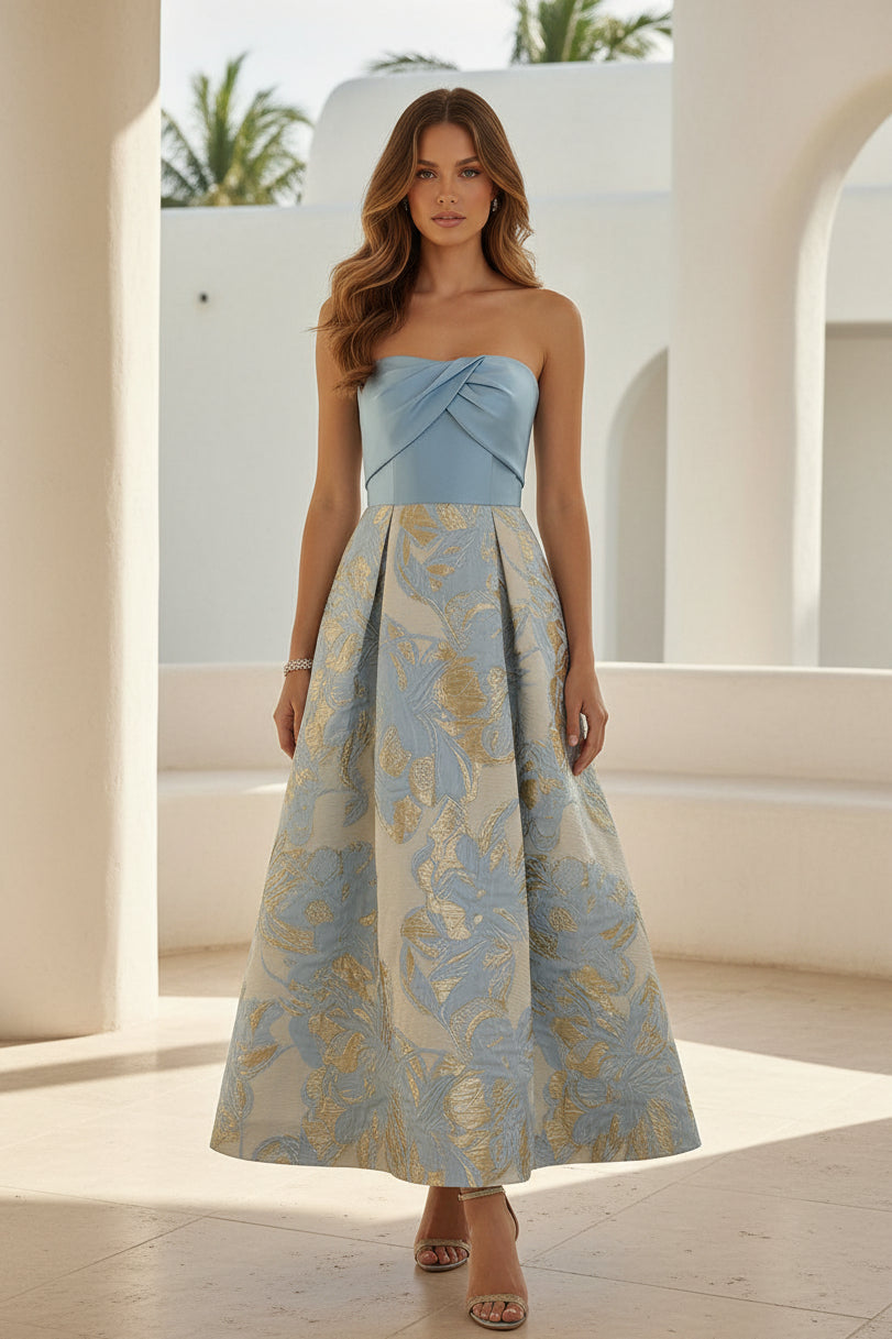 Strapless Jacquard A-Line Tea-Length Dress
