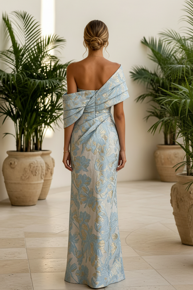 Off Shoulder Jacquard Draped Formal Evening Gown