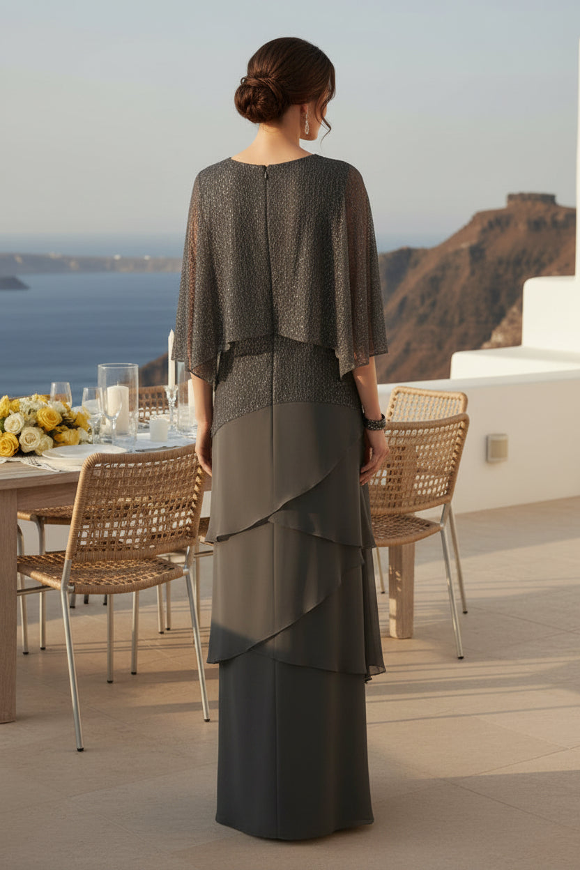 Tiered Chiffon Maxi Dress with Lace Jacket