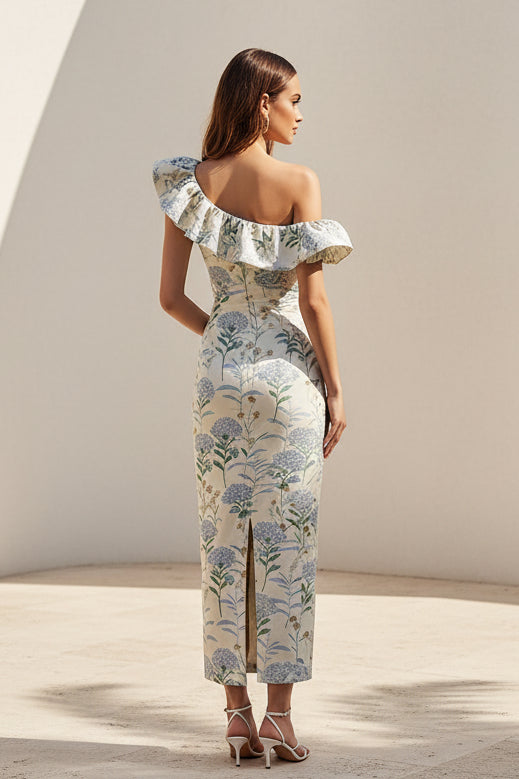 Floral One-Shoulder Ruffle Midi Dress