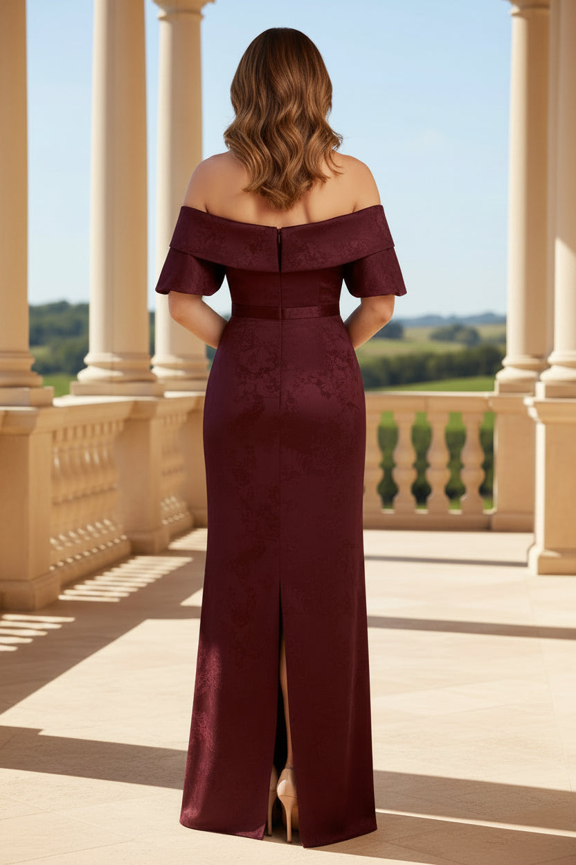 Off-the-Shoulder Jacquard Column Evening Gown