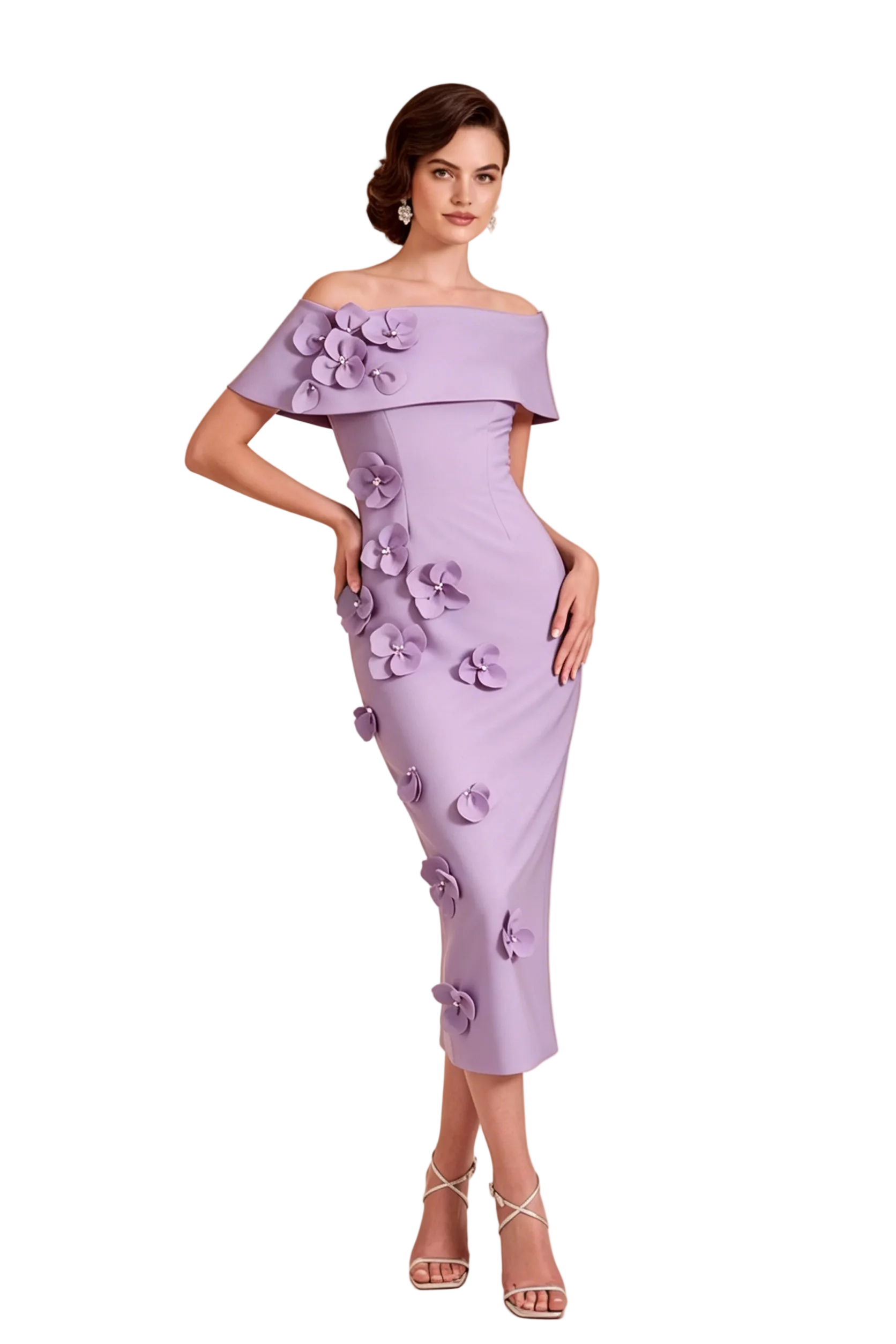Off-the-Shoulder 3D Floral Midi Dress
