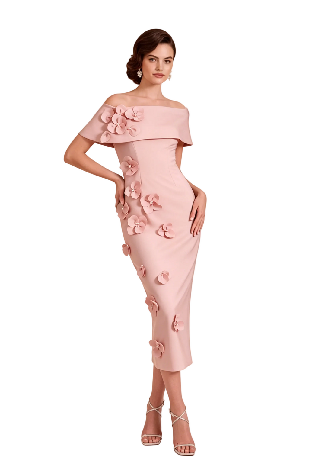 Off-the-Shoulder 3D Floral Midi Dress