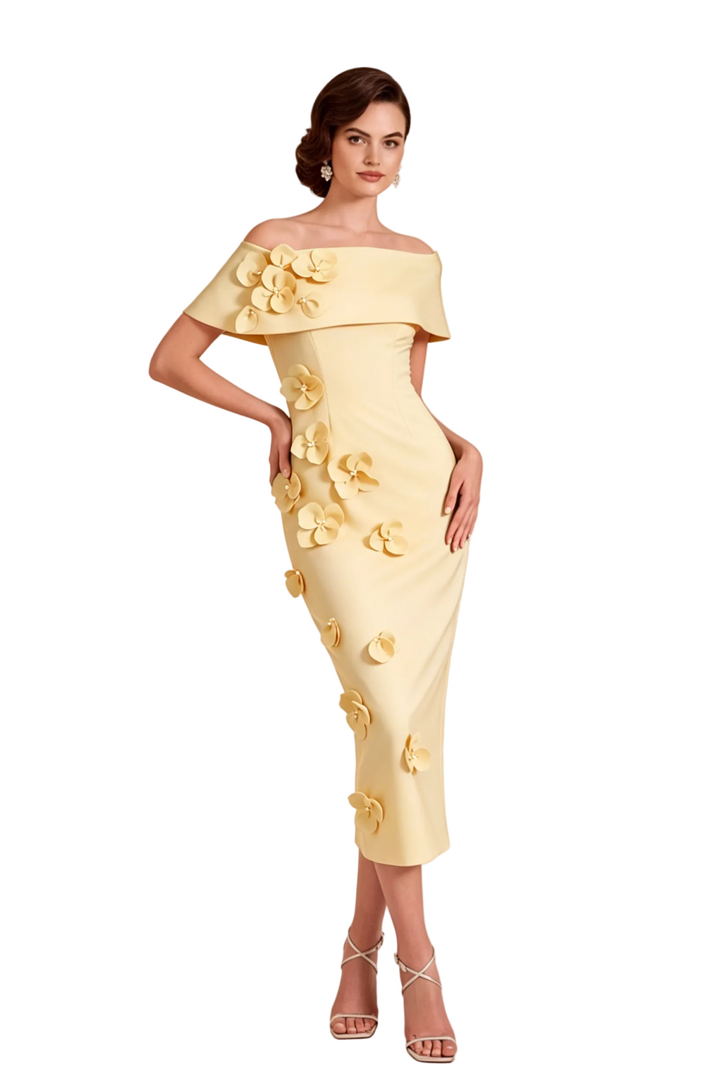 Off-the-Shoulder 3D Floral Midi Dress