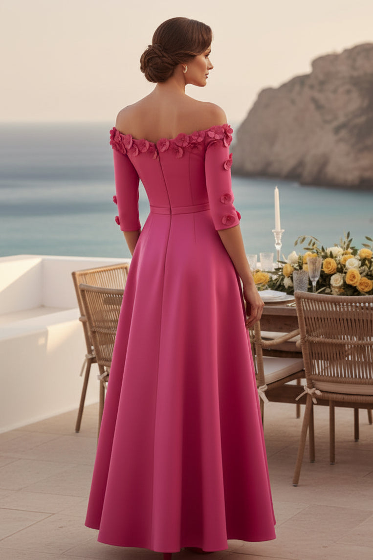 Off-the-Shoulder 3D Floral Asymmetrical Midi Dress