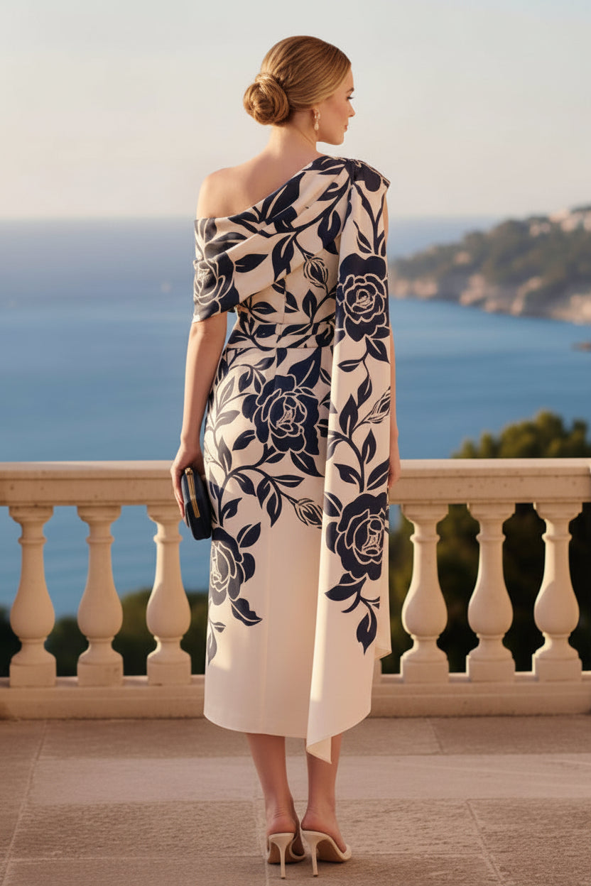 One-Shoulder Floral Cape Midi Dress