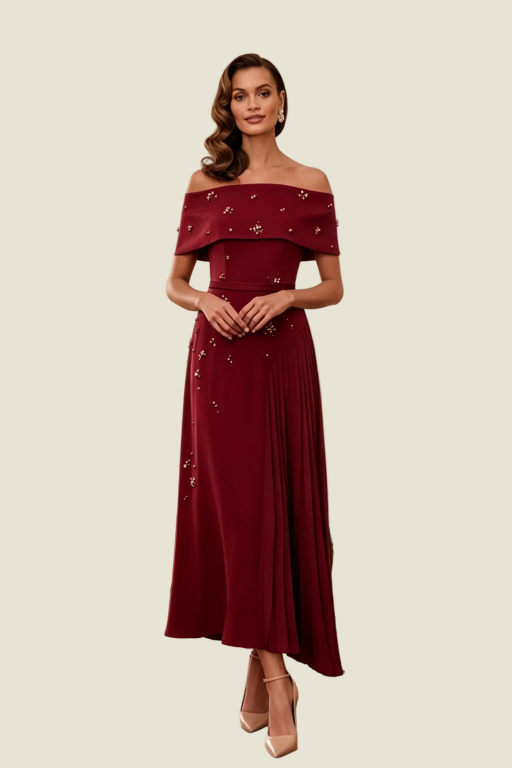 Off Shoulder Pearl Embellished Pleated Midi Dress