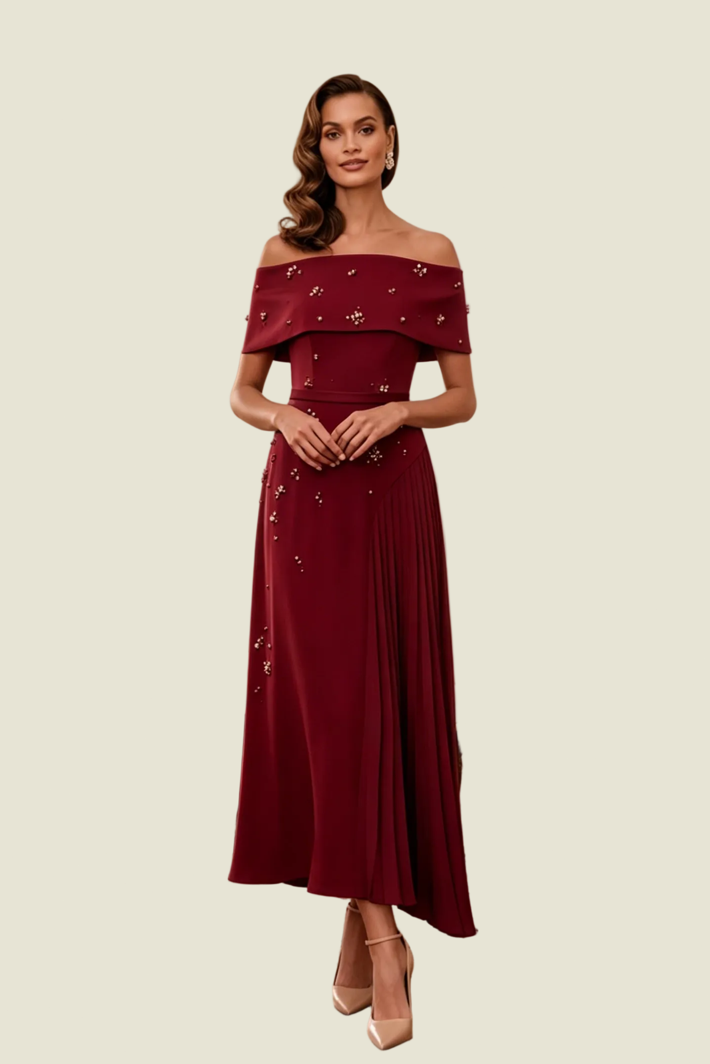 Off Shoulder Pearl Embellished Pleated Midi Dress
