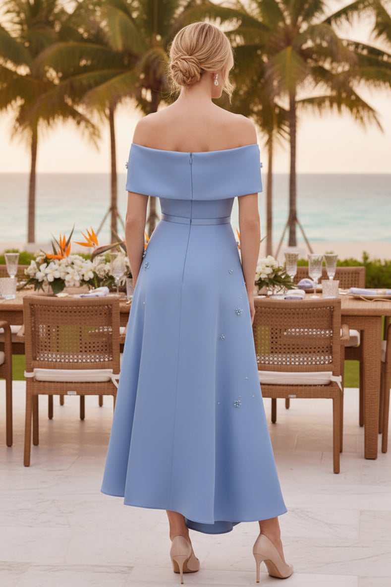 Off Shoulder Pearl Embellished Asymmetrical Dress