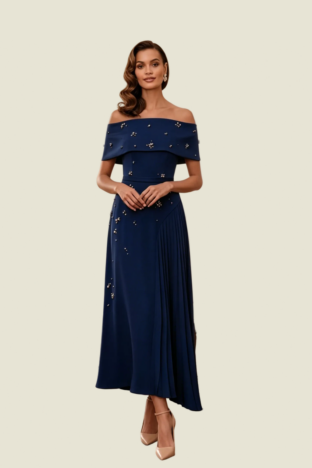 Off Shoulder Pearl Embellished Pleated Midi Dress
