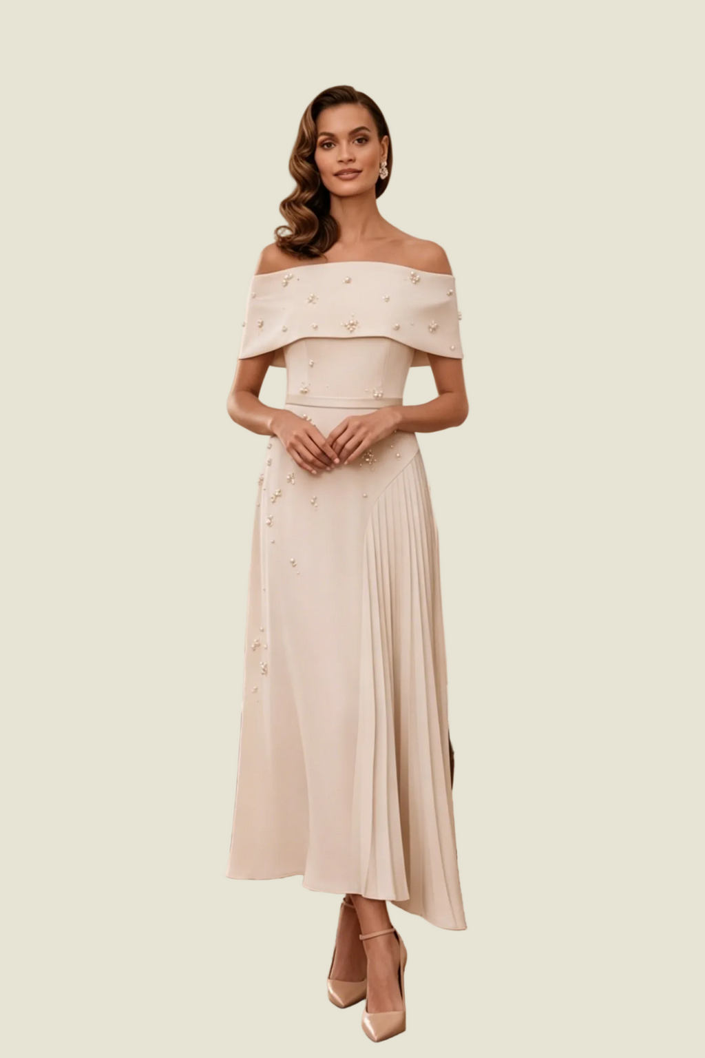 Off Shoulder Pearl Embellished Pleated Midi Dress