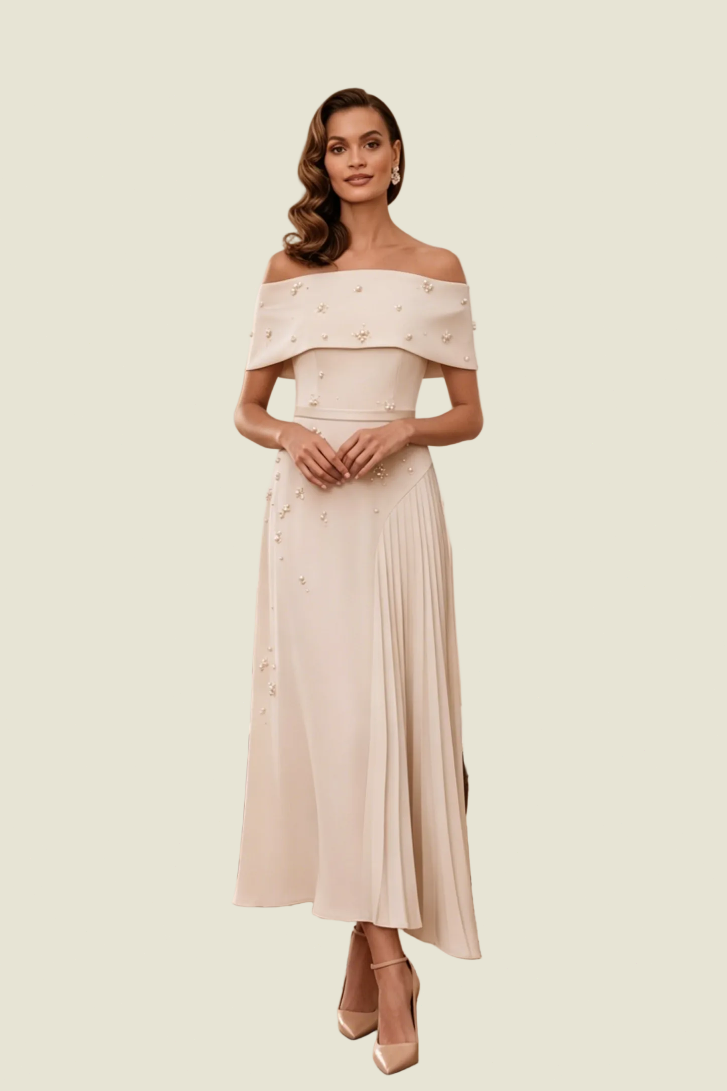Off Shoulder Pearl Embellished Pleated Midi Dress
