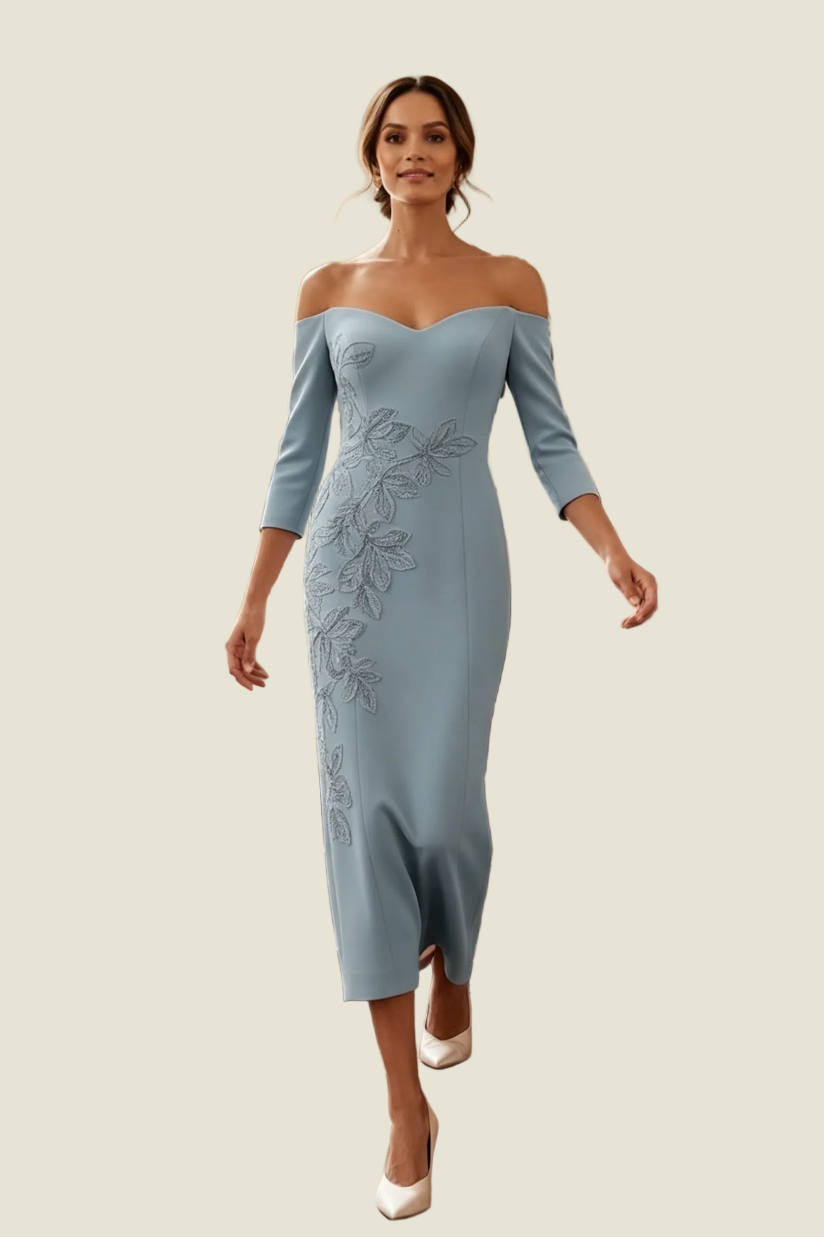 Off Shoulder Floral Applique Tea-Length Dress