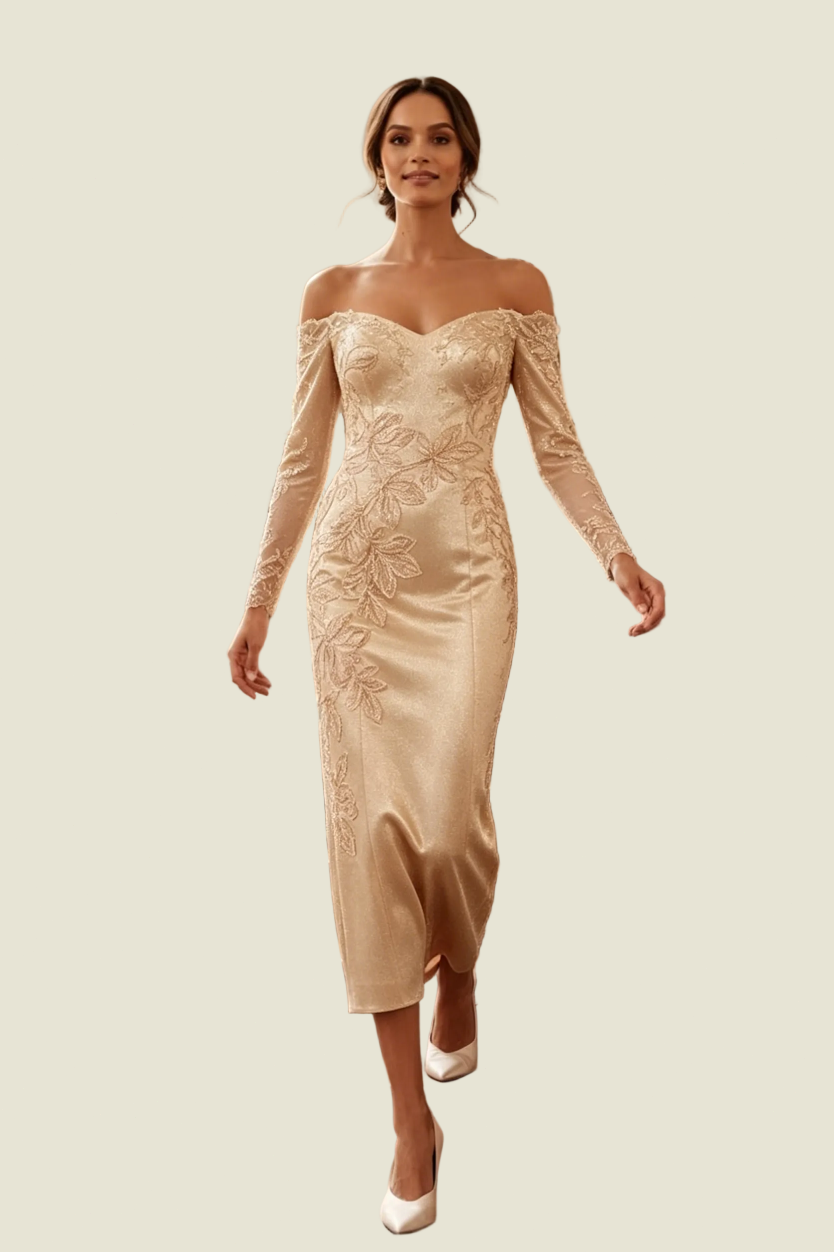 Off Shoulder Floral Applique Tea-Length Dress