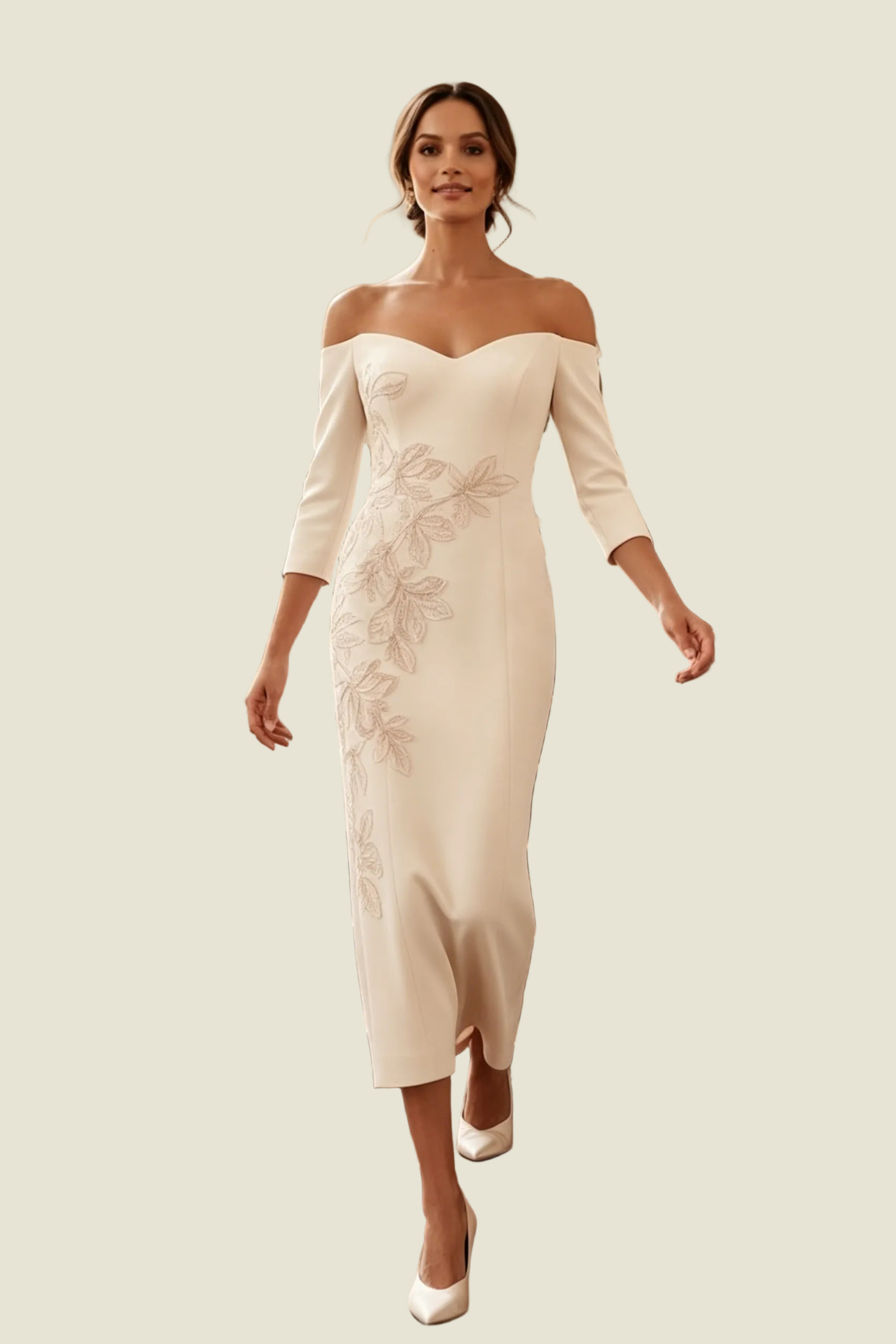 Off Shoulder Floral Applique Tea-Length Dress