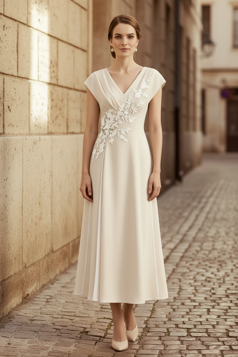 Cap Sleeve V-Neck Applique Midi Dress