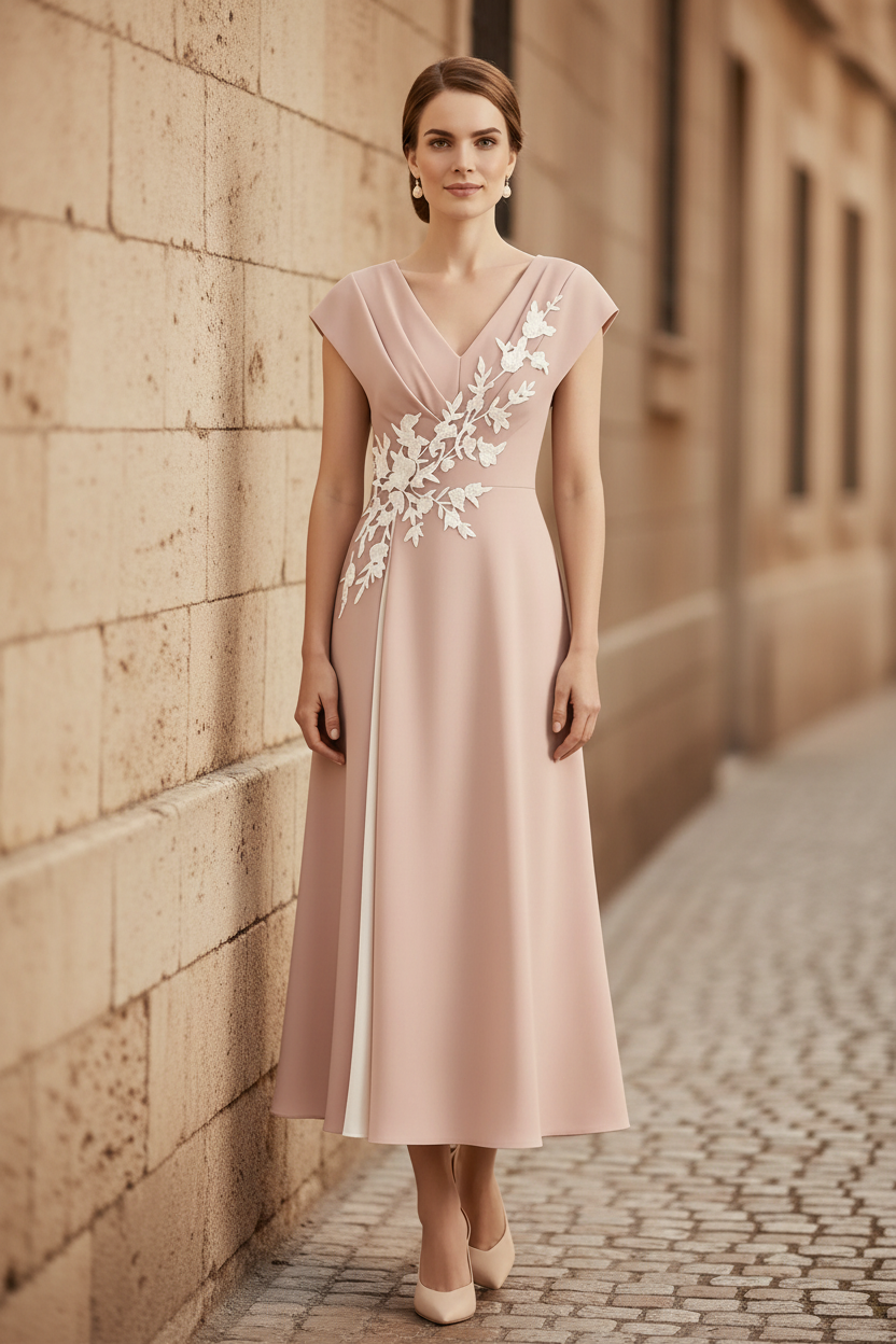 Cap Sleeve V-Neck Applique Midi Dress