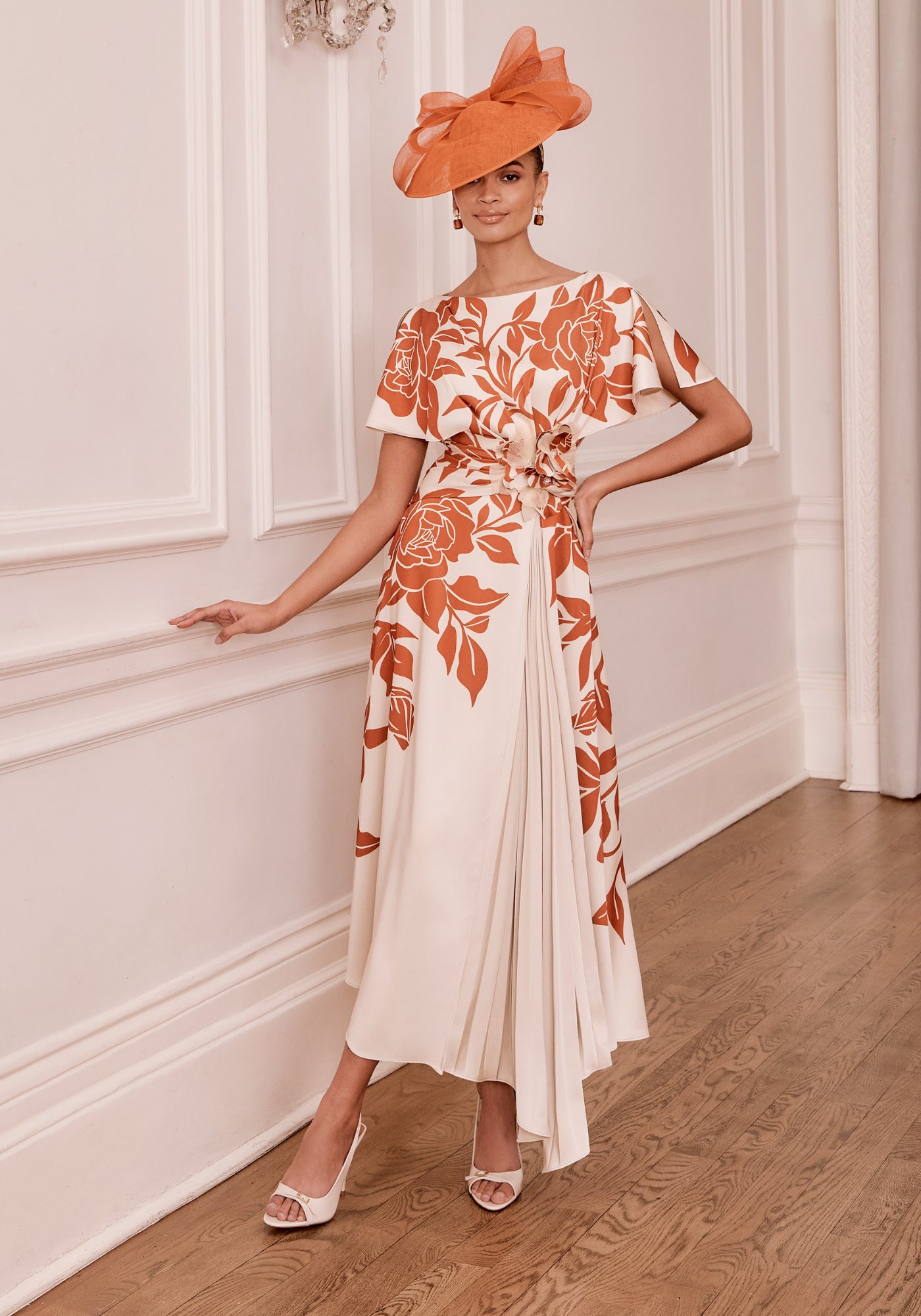 Floral Bateau Neck Asymmetrical Midi Dress